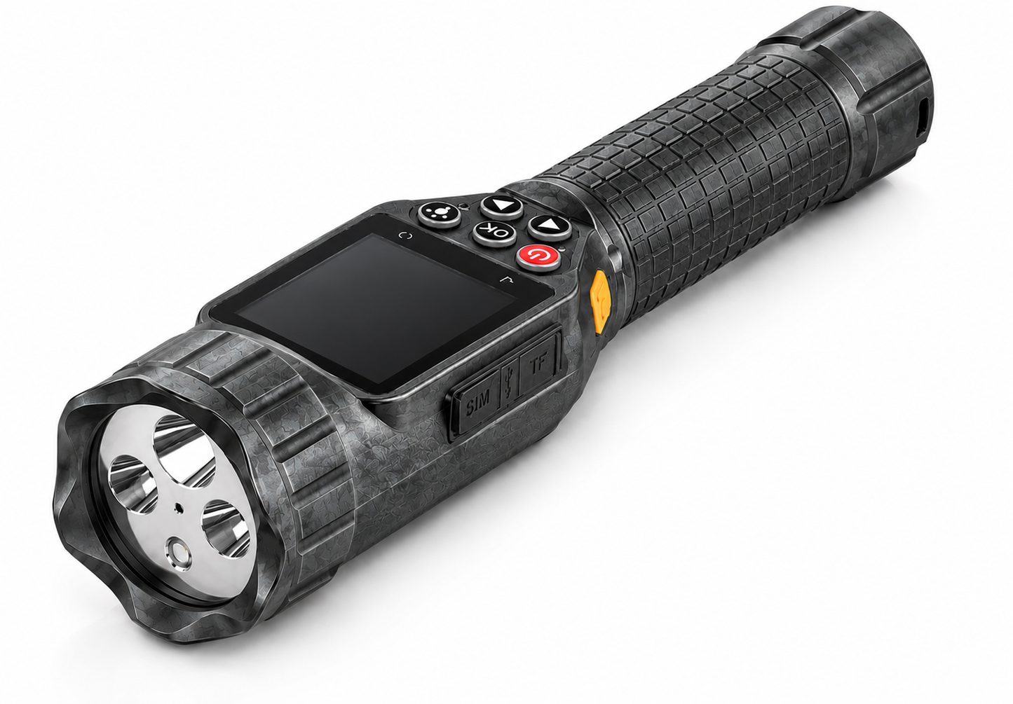 T8 4G body-worn camera with integrated high-powered LED security flashlight in black.