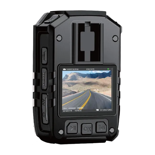 Rear view of i826 Pro body-worn camera showing display screen and mounting clip