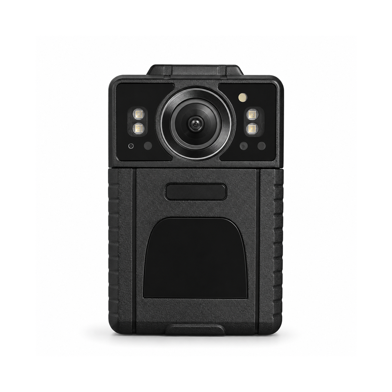 M4 body-worn camera front view on a white studio background with soft shadow, professional wearable security camera for law enforcement, security, retail and frontline workers.