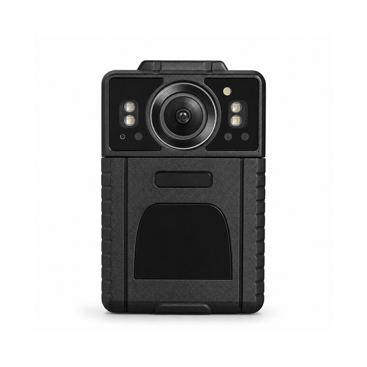M4 body-worn camera front view on a white studio background with soft shadow, professional wearable security camera for law enforcement, security, retail and frontline workers.