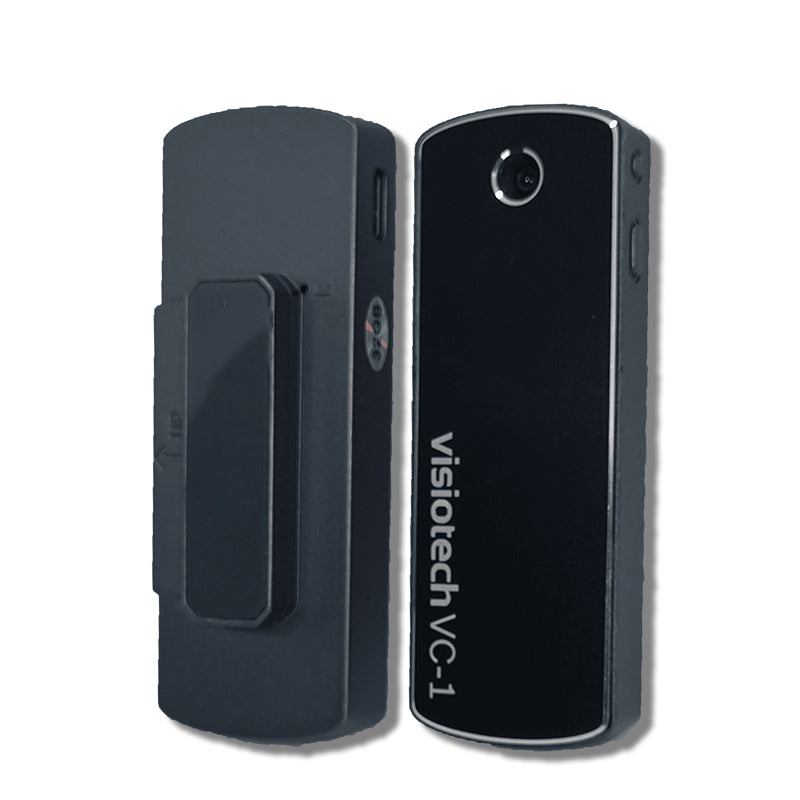 Front and rear view of the VC1 Pro body-worn badge camera with uniform clip