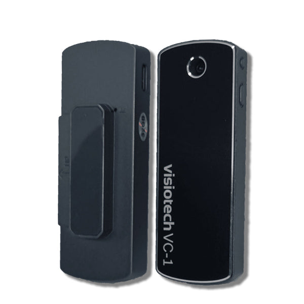 Front and rear views of the VC1 Pro body-worn badge camera with uniform clip