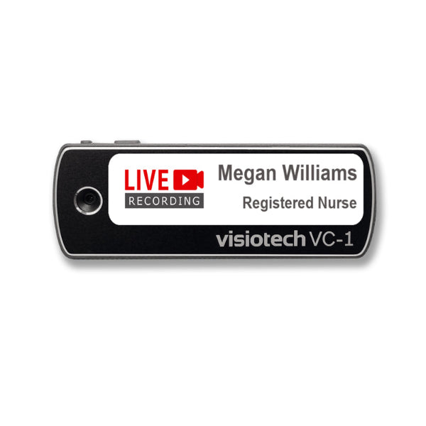 VC1 Pro body-worn badge camera worn as a staff name badge